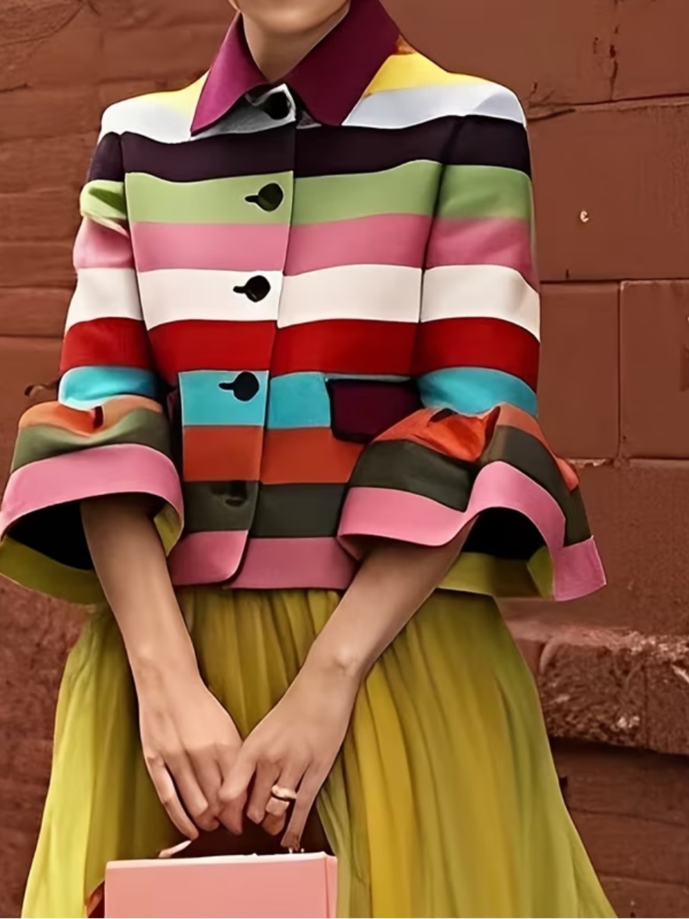 Women's Retro Multi-colored Striped Lapel Elegant Jacket with Bell Sleeves - Picture 2 of 6